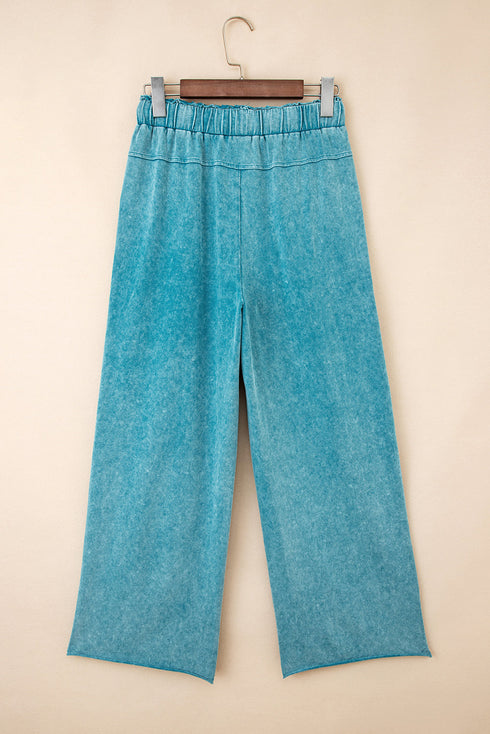 Mineral Wash Lace Up High Waist Patch Pocket Raw Hem Wide Leg Pants